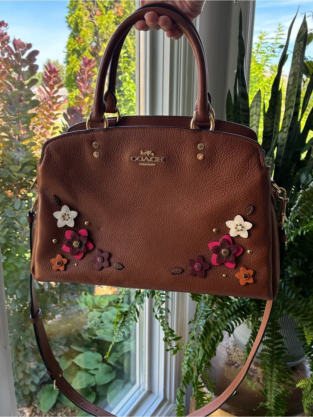 Coach Lillie Leather Carryall Crossbody with Floral Applique Daisy, 2848, Large